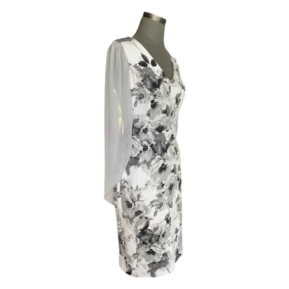 $258 Joseph Ribkoff White Grey Floral Cape Shoulder Dress Women’s Size 10 - Picture 6 of 9
